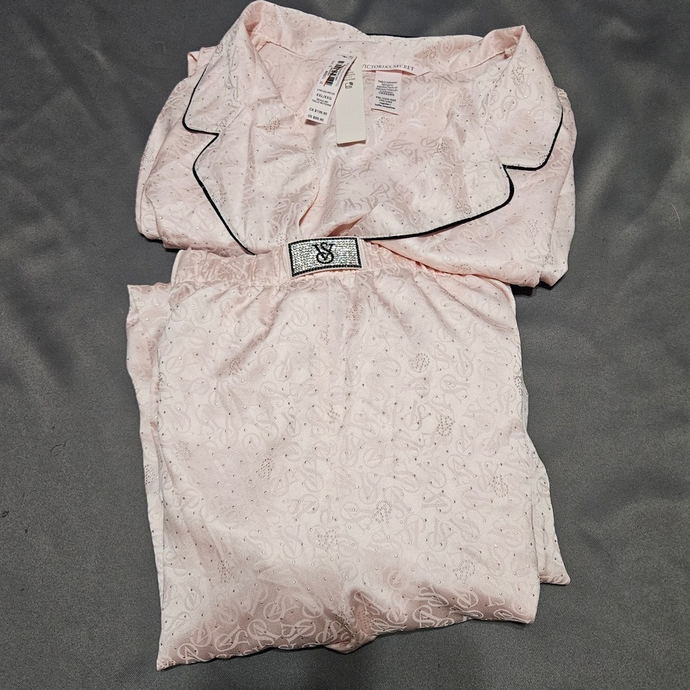 Victoria's Secret Pink Satin Rhinestone Logo Pajama Set XXL 2 Piece New